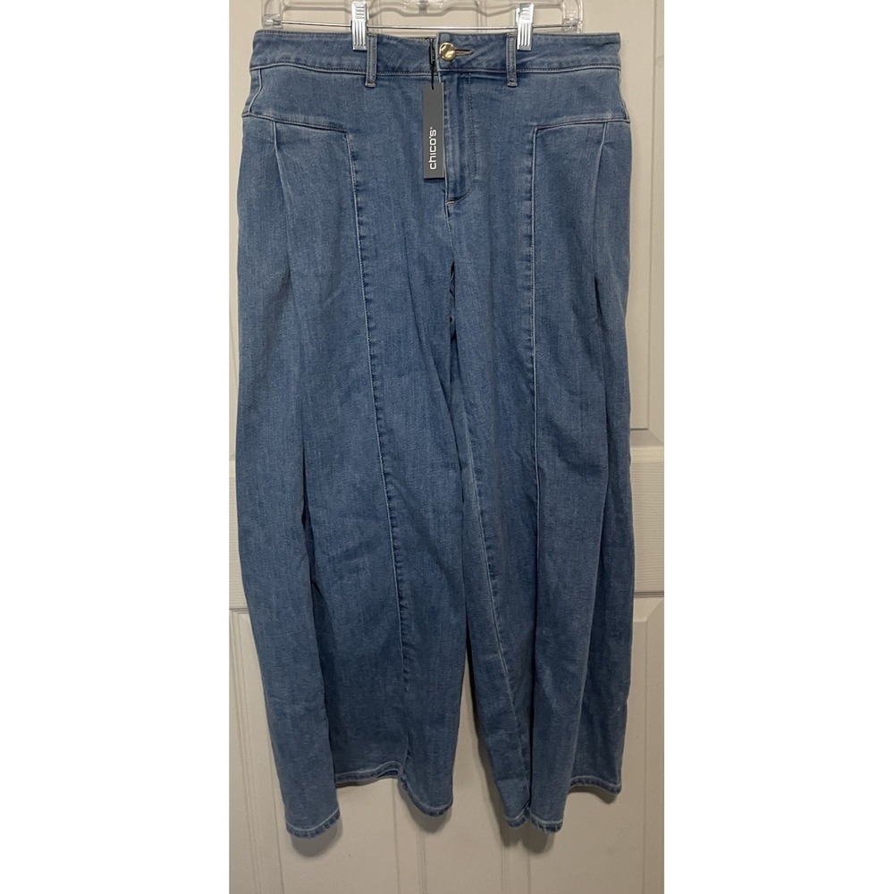 Chico's Blue Denim Jeans Drape Wide Leg Pants Pleated Leg Unique 10 P